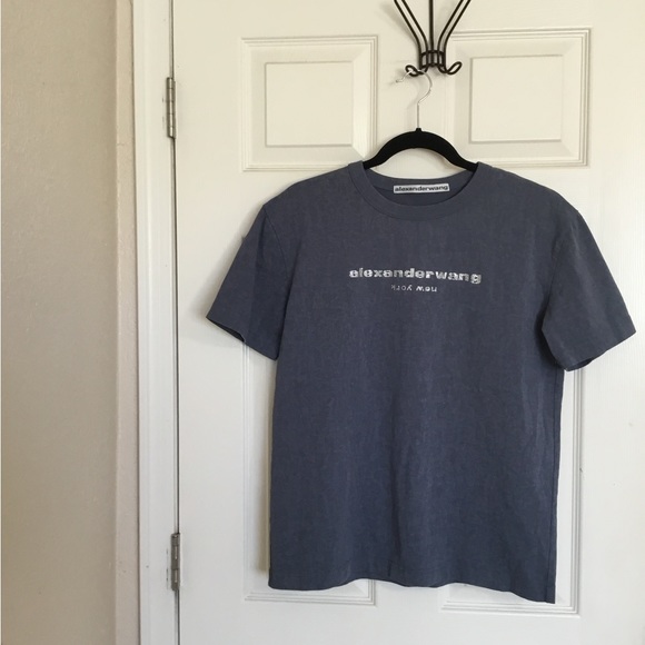 Alexander Wang Embellished denim color Logo Short Sleeve T-Shirt size small - Picture 2 of 10